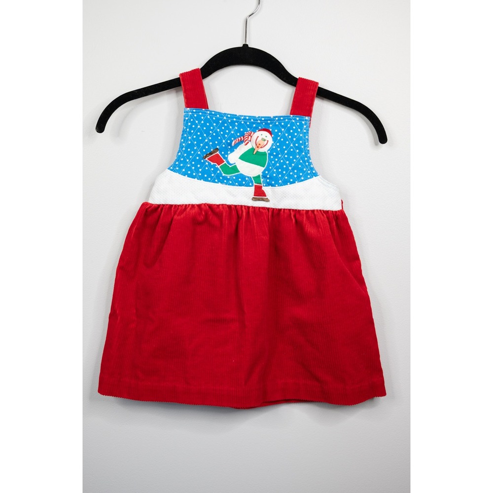 Ruth Scharf Jumper Dress Kids 4T Red Excellent Vintage Snowman Corduroy Holiday